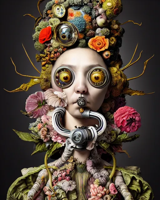 Image similar to a maximalist biomorphic portrait with with large eyes, expressive, wearing a botanical gas mask, baroque, by ayami kojima, mark ryden, caravaggio and arcimboldo, surrealism by dali, hauntingly surreal, statue, high fashion, focus on head, soft light, 4 k, octane high quality render