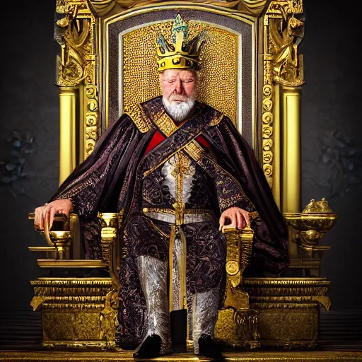 Image similar to portrait of an old king with a crown on the majestic throne, detailed face 8k, realistic, hyper-realistic, ultra-detailed, cinematic lighting, 4k, focused, cinematic