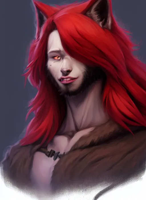 Image similar to character concept art of a black anthropomorphic furry male wolf long red hair | | cute - fine - face, pretty face, key visual, realistic shaded perfect face, fine details by stanley artgerm lau, wlop, rossdraws, james jean, andrei riabovitchev, marc simonetti, and sakimichan, trending on artstation