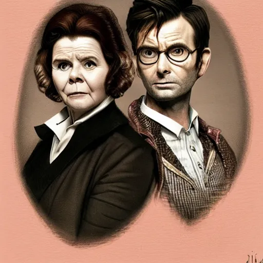 Image similar to david tennant and imelda staunton as dolores umbridge in pink clothes with the tenth doctor who, highly detailed, artstation, concept art, smooth, sharp focus, illustration, perfect face, art by karl blossfeldt, willem claesz. heda, nikolay makovsky, jacek malczewski, arthur hughes