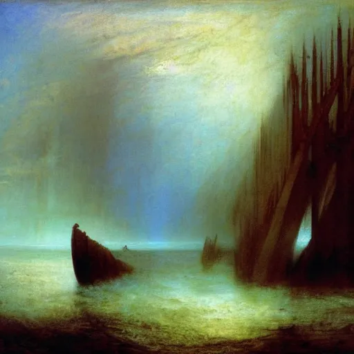 Prompt: the atlantide, by william turner, by beksinski, by caspar david friedrich, oil painting, romantism, realism, limited palette