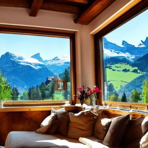 Prompt: a beautiful swiss home the mountains set the view inside of a living room the olivia room have a lot of windows the windows have a view of the beautiful mountains of switzerland it a sunny day professional photograph