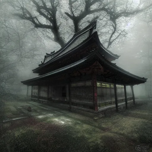 Image similar to Japanese abandoned temple in the woods, dark, moody, foggy, mysterious by Marc Simonetti