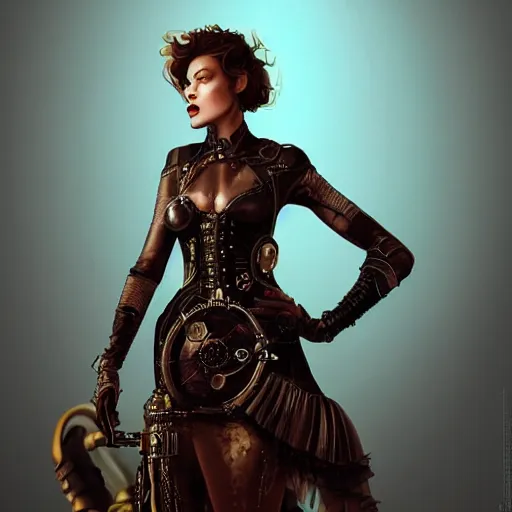 Image similar to beautiful Milla Jovovich in detailed steampunk dress, smooth, sharp focus, illustration, realistic, cinematic, artstation, cinematic, award winning, original modern artwork, set on Singaporean aesthetic, rgb ethereal lighting,8k