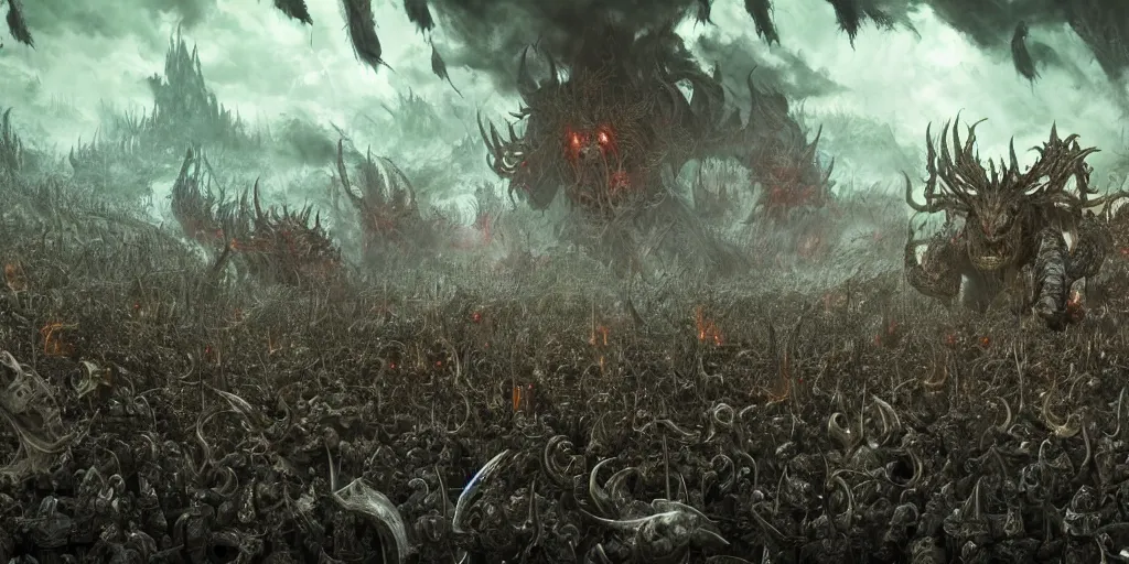 Prompt: an intricately detailed, ultra realistic, unreal engine 5, rendering of chaos champion, daemon prince, promotional illustration, nurgle battle, warhammer 4 0 k, fighting a large crowd of space marines, pestilence army, warlord _ and _ his _ sword _ fight