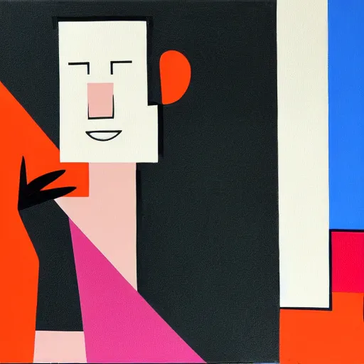 Prompt: A painting of person talking on the phone, abstract painting in the style of Sophie Taeuber-Arp and Gary Hume and Tatsuro Kiuchi, flat colour-block style, geometric abstraction, deep colours