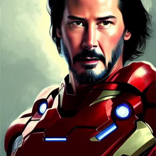 Prompt: handsome Keanu Reeves in Iron Man suit, western, closeup, D&D, fantasy, intricate, elegant, highly detailed, digital painting, artstation, concept art, matte, sharp focus, illustration, art by Artgerm and Greg Rutkowski and Alphonse Mucha