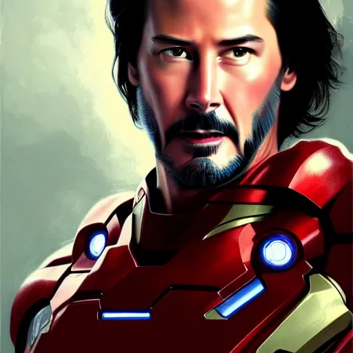 Image similar to handsome Keanu Reeves in Iron Man suit, western, closeup, D&D, fantasy, intricate, elegant, highly detailed, digital painting, artstation, concept art, matte, sharp focus, illustration, art by Artgerm and Greg Rutkowski and Alphonse Mucha