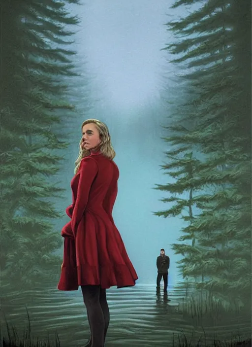 Prompt: twin peaks poster art, from scene from twin peaks, by michael whelan, artgerm, retro, nostalgic, old fashioned, portrait of jennifer connelly standing in a mysterious pond, the supernatural entities may come