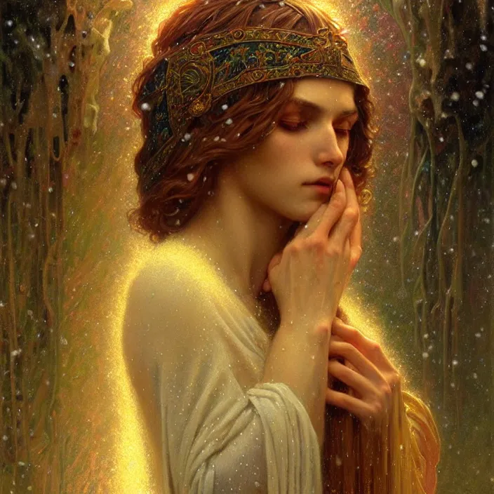 Prompt: psychedelic snowfall Jesus Christ, diffuse lighting, fantasy, intricate, elegant, highly detailed, lifelike, photorealistic, digital painting, artstation, illustration, concept art, smooth, sharp focus, art by John Collier and Albert Aublet and Krenz Cushart and Artem Demura and Alphonse Mucha