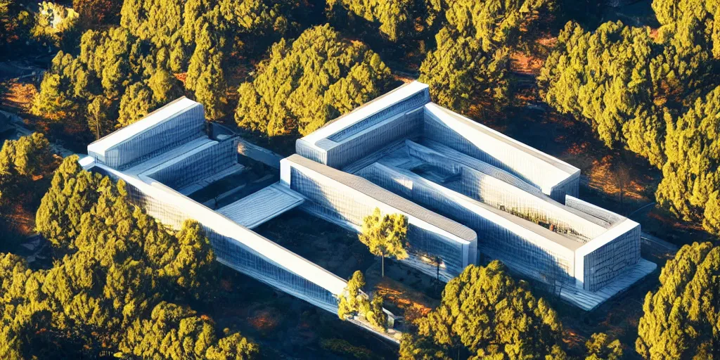 Prompt: aerial view of haruki murakami library, rendering style, detailed, toned in the morning sun