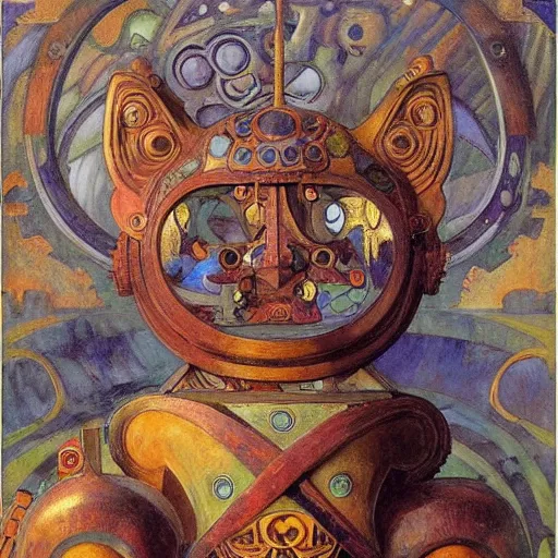 Image similar to ornate mechanical robot cat, by annie swynnerton and diego rivera and nicholas roerich, symbolist, dramatic lighting, elaborate geometric ornament, art brut, soft cool colors, smooth, sharp focus, extremely detailed, adolf wolfli and ( donato giancola )