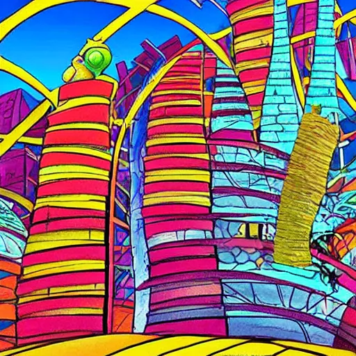 Image similar to fanciful city filled with curvy buildings, by dr seuss, the lorax,, arches, platforms, towers, bridges, stairs, colorful kids book illustration, oh the places you'll go