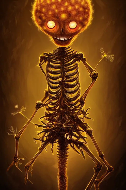 Image similar to a humanoid figure dandelion plant monster, amber eyes, highly detailed, digital art, sharp focus, ambient lighting, glowing, skeletal, trending on art station, anime art style