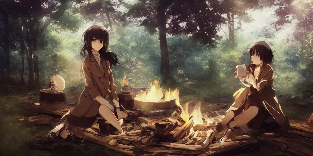 Prompt: An anime girl by WLOP with short black hair and green eyes in a tan trenchcoat sitting on a log and drinking tea by the campfire by her motorcycle at night under the stars, elegant scene, wide angle, cinematic lighting, atmospheric, ultrarealistic, trending on artstation, cgsociety, highly detailed, color graded, in the style of craig mullins, rendered in Unreal Engine 4k HQ, horizon forbidden west