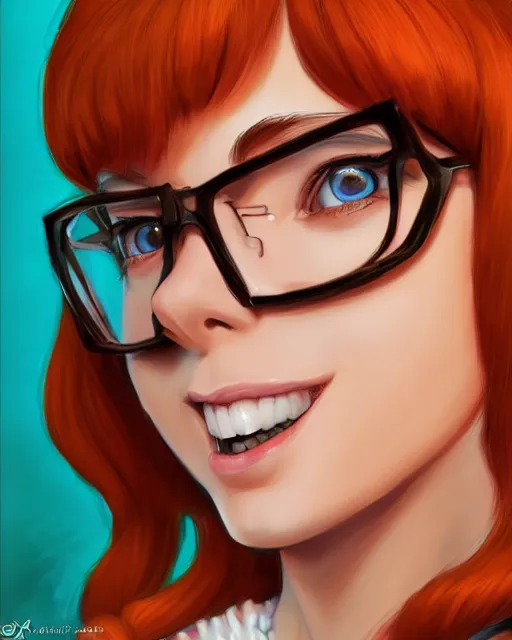 Image similar to a highly detailed illustration of velma from scooby doo, dramatic smile pose intricate, elegant, highly detailed, centered, digital painting, artstation, concept art, smooth, sharp focus, league of legends concept art, extremely detailed eyes, fantastic details full face, mouth, trending on artstation, pixiv, ultrahd, in the style of chris sanders