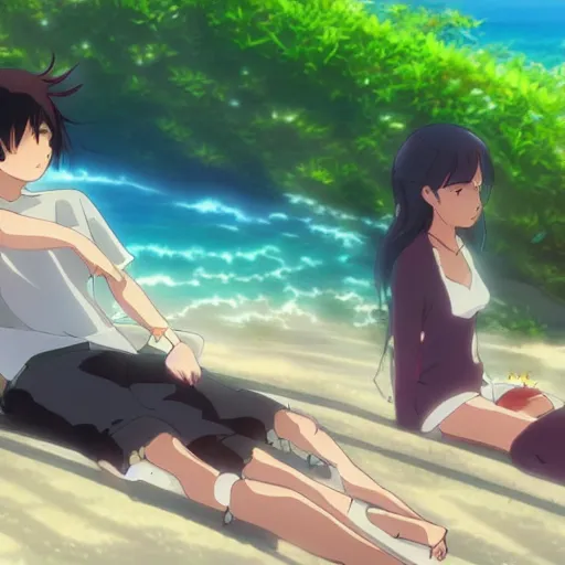 Prompt: beautiful anime summer beach episode by makoto shinkai