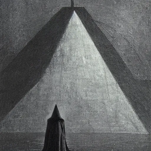 Image similar to a closeup of a hooded figure holding a small pyramid on a ferry in the underworld, charon, greek mythology, beksinski