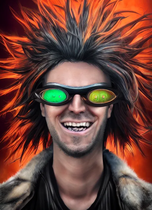 Image similar to An epic fantasy comic book style portrait painting of young man with red spiked long hair, using an orange lens googles. Wearing a black waistcoat, white shirt. He is with a vicious smile in face. Unreal 5, DAZ, hyperrealistic, octane render, cosplay, RPG portrait, dynamic lighting