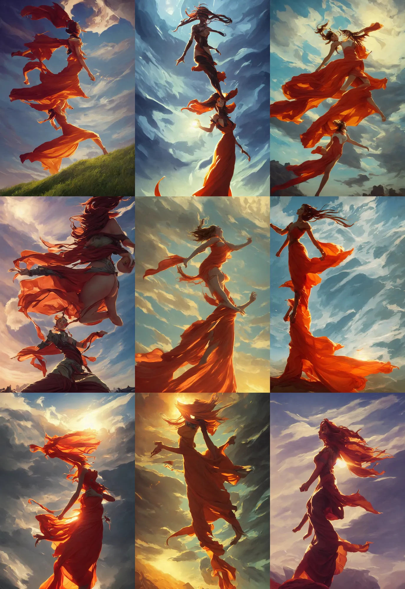 Prompt: league of legends and warframe art, single levitating girl in orange and white maxi dresses between clouds above green fields in sunset light, close up portrait, elegant, intricate, digital painting, artstation, concept art, golden hour, epic composition, smooth, sharp focus, illustration, art by ed mell and Daniel F. Gerhartz and Jacek Malczewski and gustav klimt, Tibor Nagy