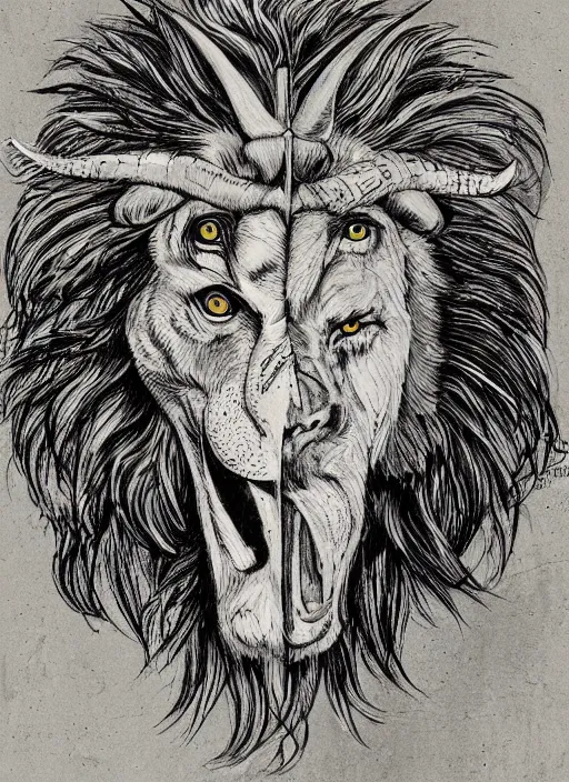 Image similar to a mighty strong creature with the body and eyes of a man, with the beak of an eagle, the mane of a lion and the horns of an ox. drawn by boris val