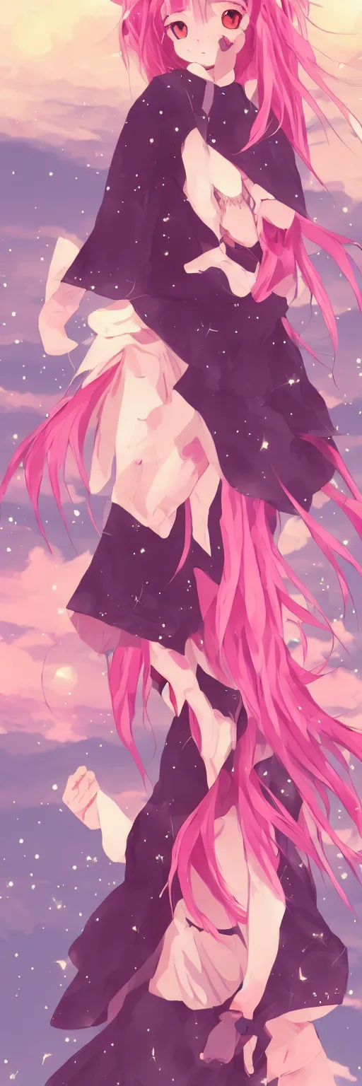 Image similar to A beautiful anime cat girl with pink hair, rule of thirds, digital art, iphone wallpaper, cgsociety, trending on artstation, sunset backgroung with shooting stars in the sky