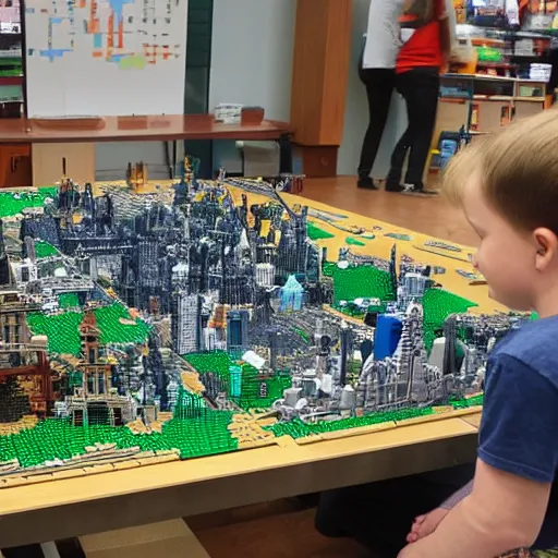 Image similar to large lego city built on a large table, viewed from several metres away