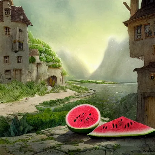 Image similar to sprite soda and watermelon, a detailed matte painting by anton pieck, deviantart contest winner, fantasy art, concept art, official art, matte drawing