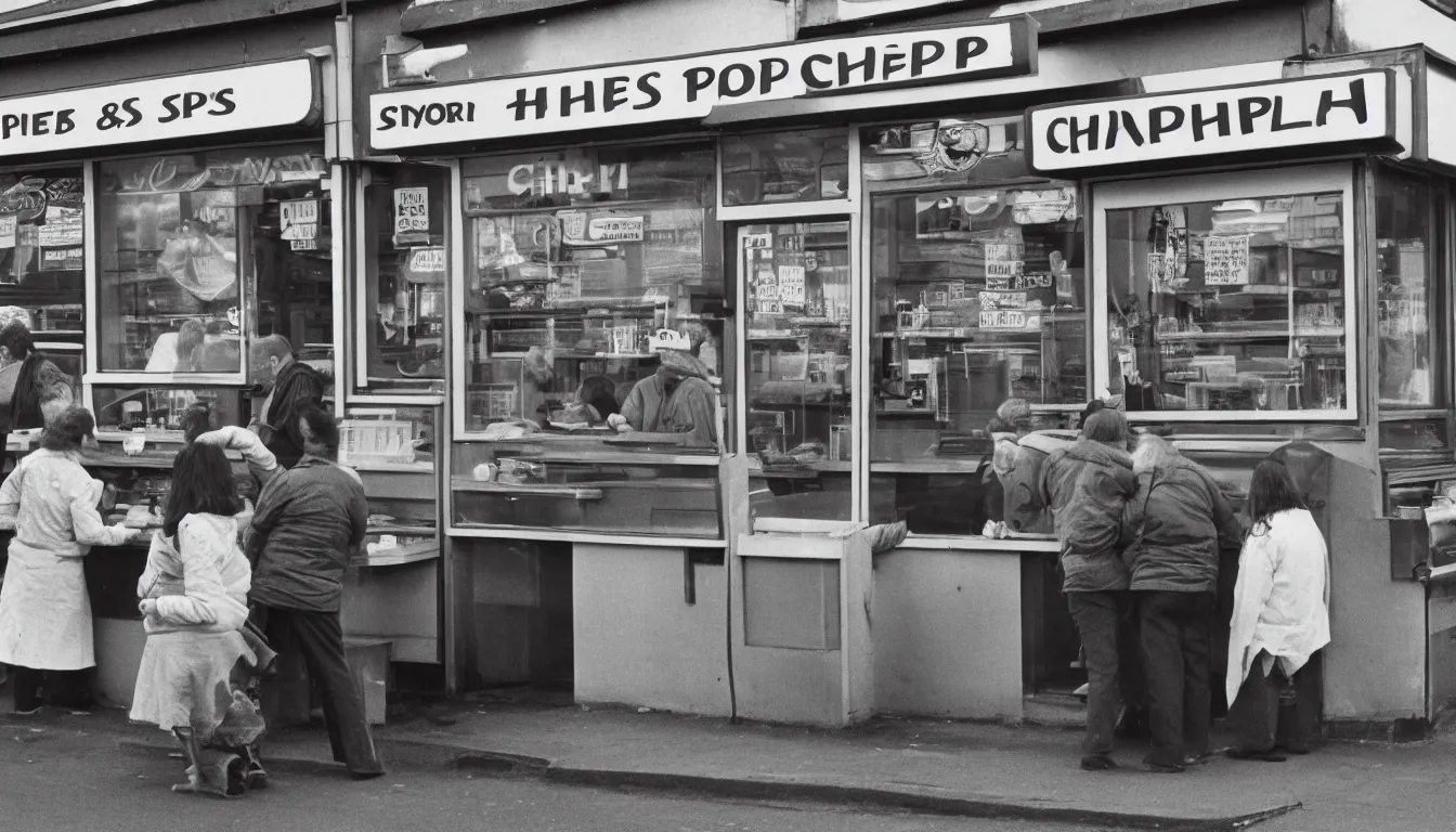 Image similar to 1 9 7 0 s chip shop, customers argue about the price, hyper realistic photo, full colour, upscale, 8 k, masterpiece,