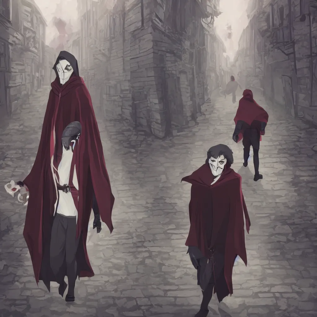 Image similar to a vampire thief wearing a cloak and covered in bandages walking through an alley.