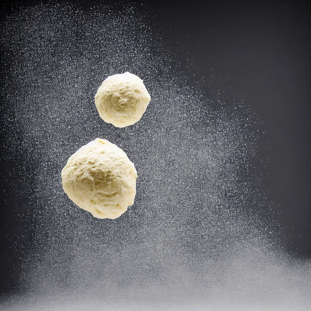 Prompt: a ball of dough floating in the air on a black background, flour dust spray, backlit, high quality action photography, studio photo, 50mm