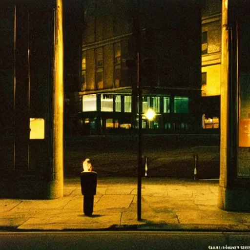 Prompt: Harry Gruyaert film photo lonely beautiful cinematic green city lights with a figure in the distance tall buildings and glass windows