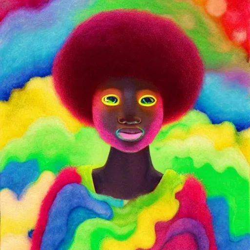 Image similar to a black girl with a colorful afro and rainbow eyes, in a candy forest! at night, bokeh, bright colours, watercolor, volumetric wool felting, macro photography, children illustration, by goro fujita