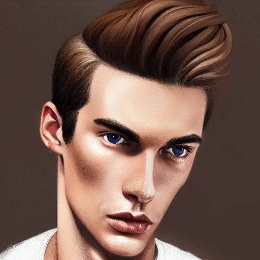 Image similar to tall man in his twenties with brown blond short quiff hair and thin slightly round facial structure with cleft chin, straight eyebrows and prominent nose, good definition of cheekbones, big hazel nut brown eyes, narrow face, slim body, atmospheric lighting, painted, intricate, 4 k, highly detailed by charlie bowater