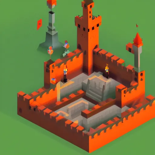 Image similar to isometric 3d video game level, castle in forest, monument valley style