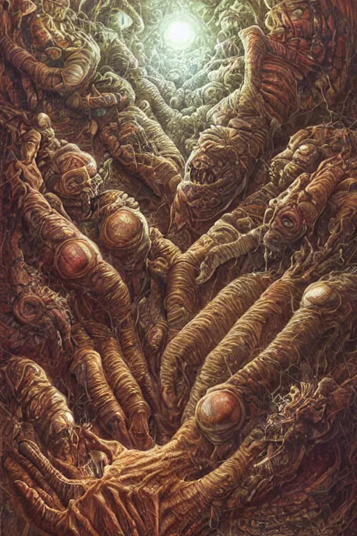 Prompt: a man whose arm is covered in painful alien bug eggs. art by tomasz alen kopera and glenn fabry.