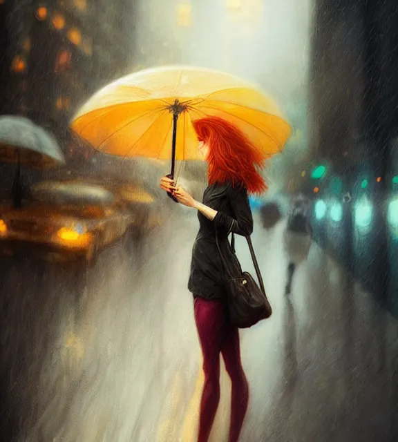 Prompt: cute woman in new york while raining, perfect face, cinematic, elegant, ginger hair, with umbrella, highly detailed, psychedelic, digital painting, artstation, smooth, hard focus, illustration, art by jessica rossier and and brian froud