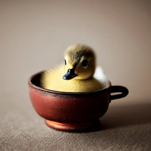 Prompt: cute duckling sitting in a teacup, photography, minimalistic, 8 k