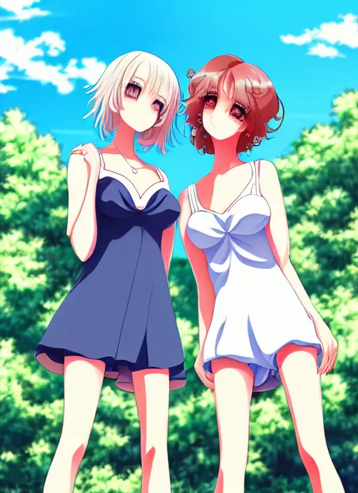 Prompt: two beautiful mature women under a blue sky, casual summer clothes, gorgeous faces, thick lines, cinematic lighting, detailed anime art