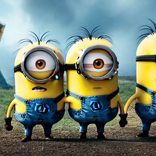 Prompt: still of the minions appearing in the newest avengers movie alongside the avengers