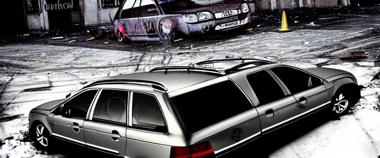 Image similar to Audi A4 B6 Avant (2002), a gritty neo-noir, dramatic lighting, cinematic, eerie person, death, homicide, homicide in the snow, viscera splattered, gunshots, bullet holes, establishing shot, extremely high detail, cracked windows, photorealistic, arson, burning city, cinematic lighting, artstation, by simon stalenhag, Max Payne (PC) (2001) winter New York at night, In the style of Max Payne 1 graphic novel, flashing lights, Poets of the Fall - Late Goodbye
