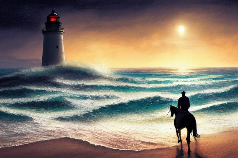 Image similar to photo of man riding a horse along the beach, glowing underwater waves toward a lighthouse in the distance guiding his way, silhouette, wide horizon, large white clouds, seagulls, night, intricate, elegant, highly detailed, digital painting, artstation, concept art, smooth, sharp focus, illustration, art by artgerm and greg rutkowski and fra angelico