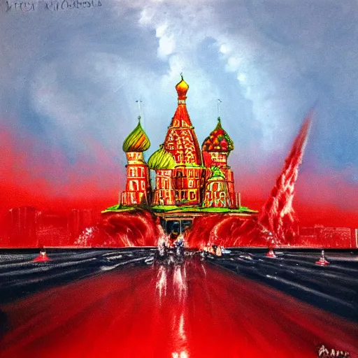 Image similar to huge nuclear explosion, red square moscow, nuclear explosion wave, photorealistic, detailed, masterpiece