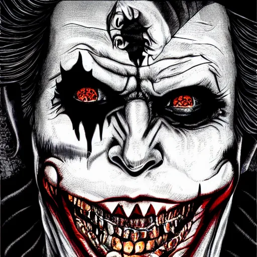 Image similar to The Joker portrait in the style of Junji Ito. Manga. Black and white. Gothic. Horror. Extremely detailed. 4K.