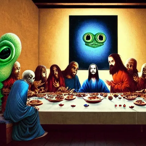 Prompt: a hyperrealistic painting of the last supper with spooky pepe the frog abducted by portals and angels, random cows, cinematic horror by chris cunningham, lisa frank, richard corben, highly detailed, vivid color, beksinski painting, part by adrian ghenie and gerhard richter. art by takato yamamoto. masterpiece