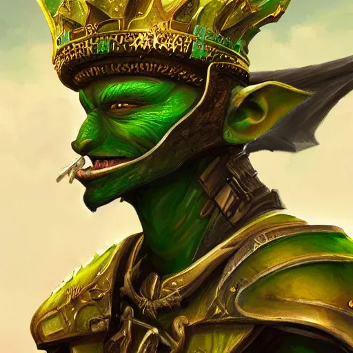 Prompt: half - length portrait of a goblin warrior. green skin, gold crown. fantasy, digital painting, hd, detailed.