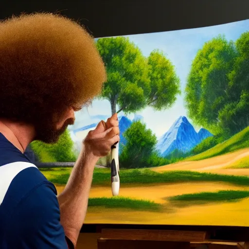 Prompt: a closeup photorealistic photograph of bob ross crafting an image of kenny powers baseball, a depiction on a canvas. mountains and trees. film still. brightly lit scene. this 4 k hd image is trending on artstation, featured on behance, well - rendered, extra crisp, features intricate detail, epic composition and the style of unreal engine.