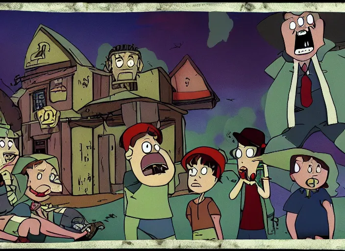 Image similar to still from animated horror movie, animated movie shot, in style of gravity falls