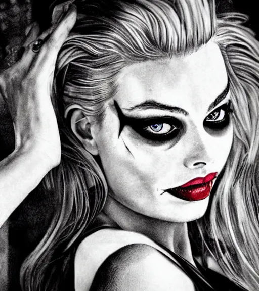 Image similar to tattoo design sketch of beautiful margot robbie portrait with joker makeup, in the style of den yakovlev, realistic face, black and white, realism tattoo, hyper realistic, highly detailed