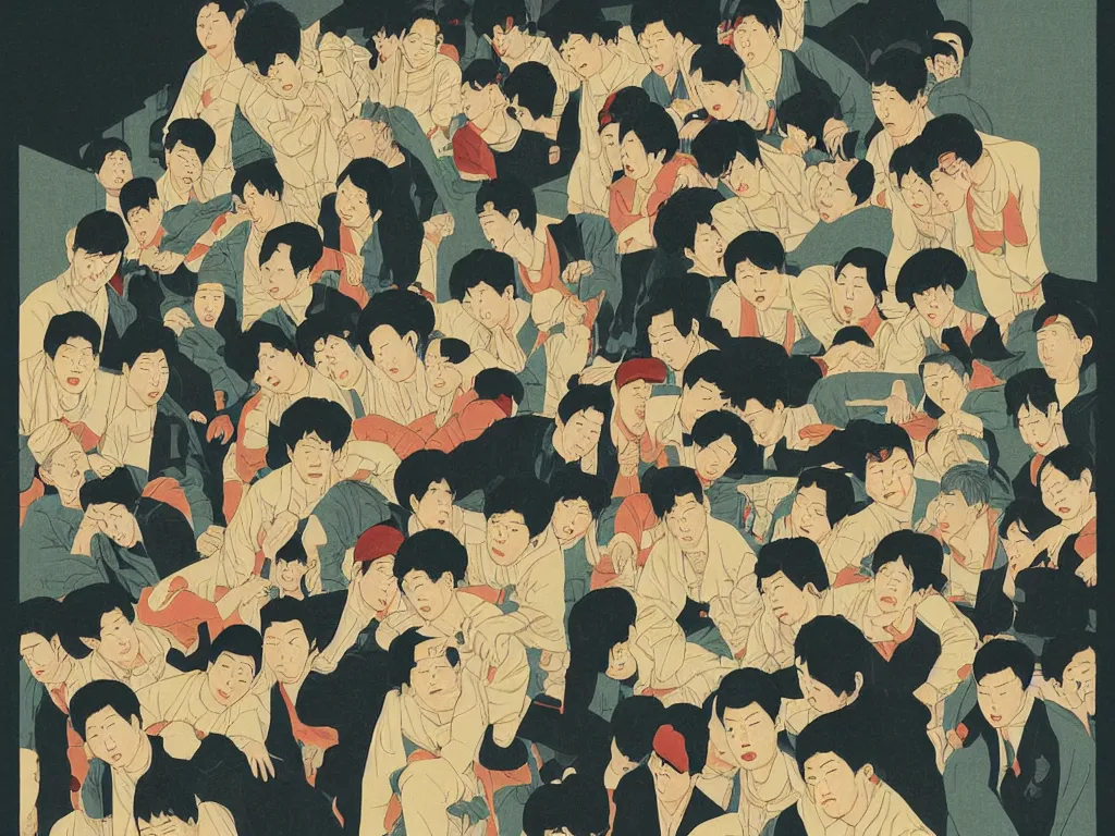 Image similar to Pile up of Korean men on the stairs, flat design, screen print by Kawase Hasui and jeffrey smith